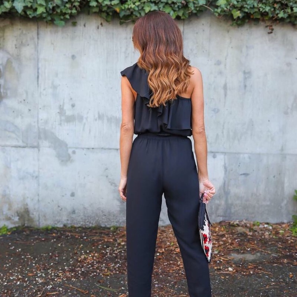 Off One Shoulder Ruffled Chiffon Jumpsuit w Belt - Picture 2 of 6